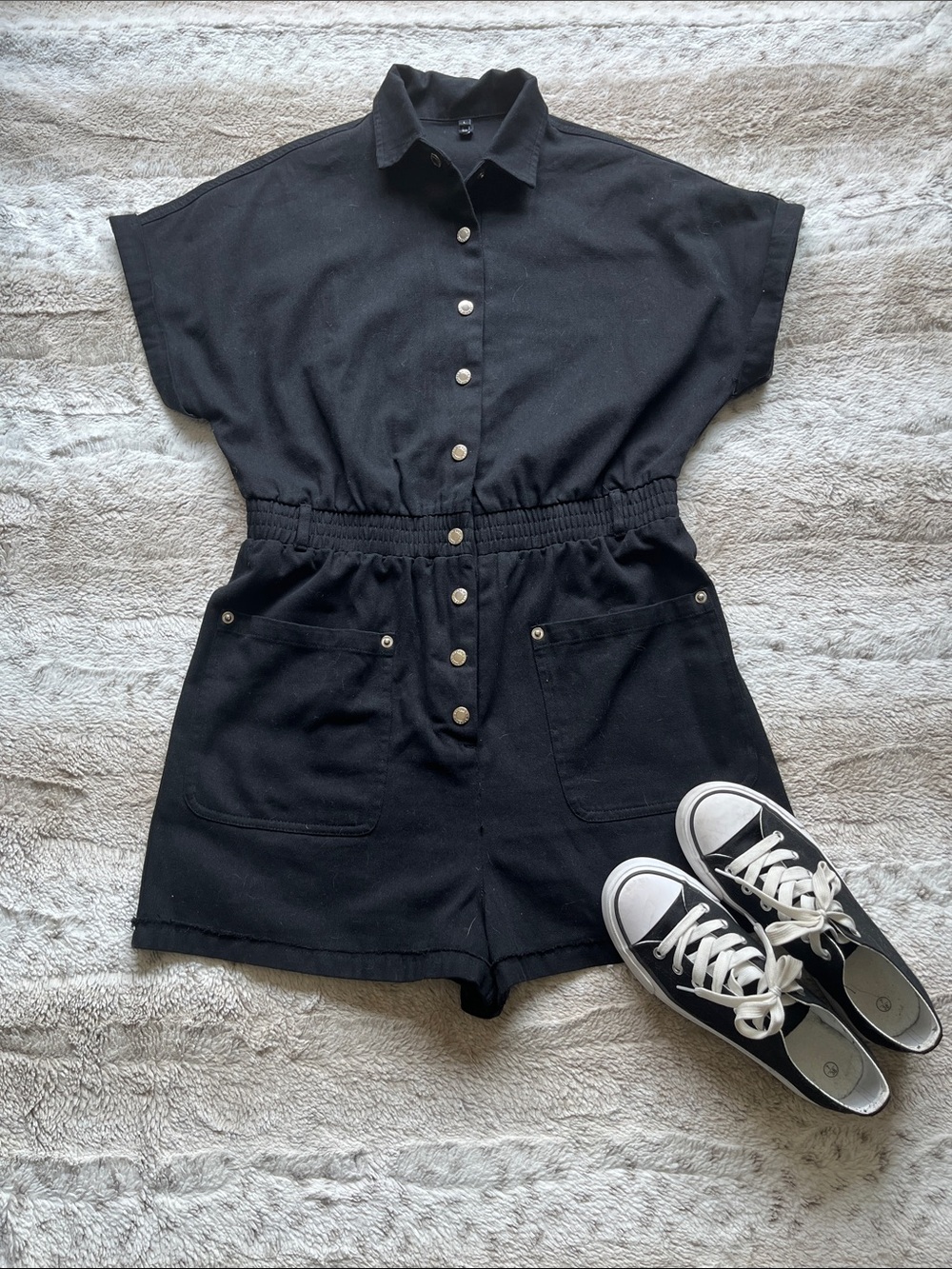 Black Button-Front Shorts Romper with Elastic Waist